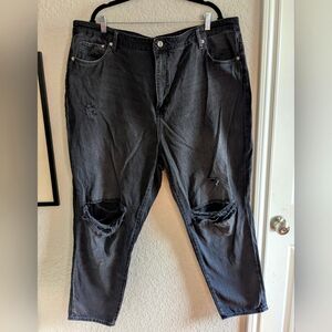 H&M &Denim Ultra High Waist Mom Jeans Black Wash Ripped Knees Size 24 Cotton